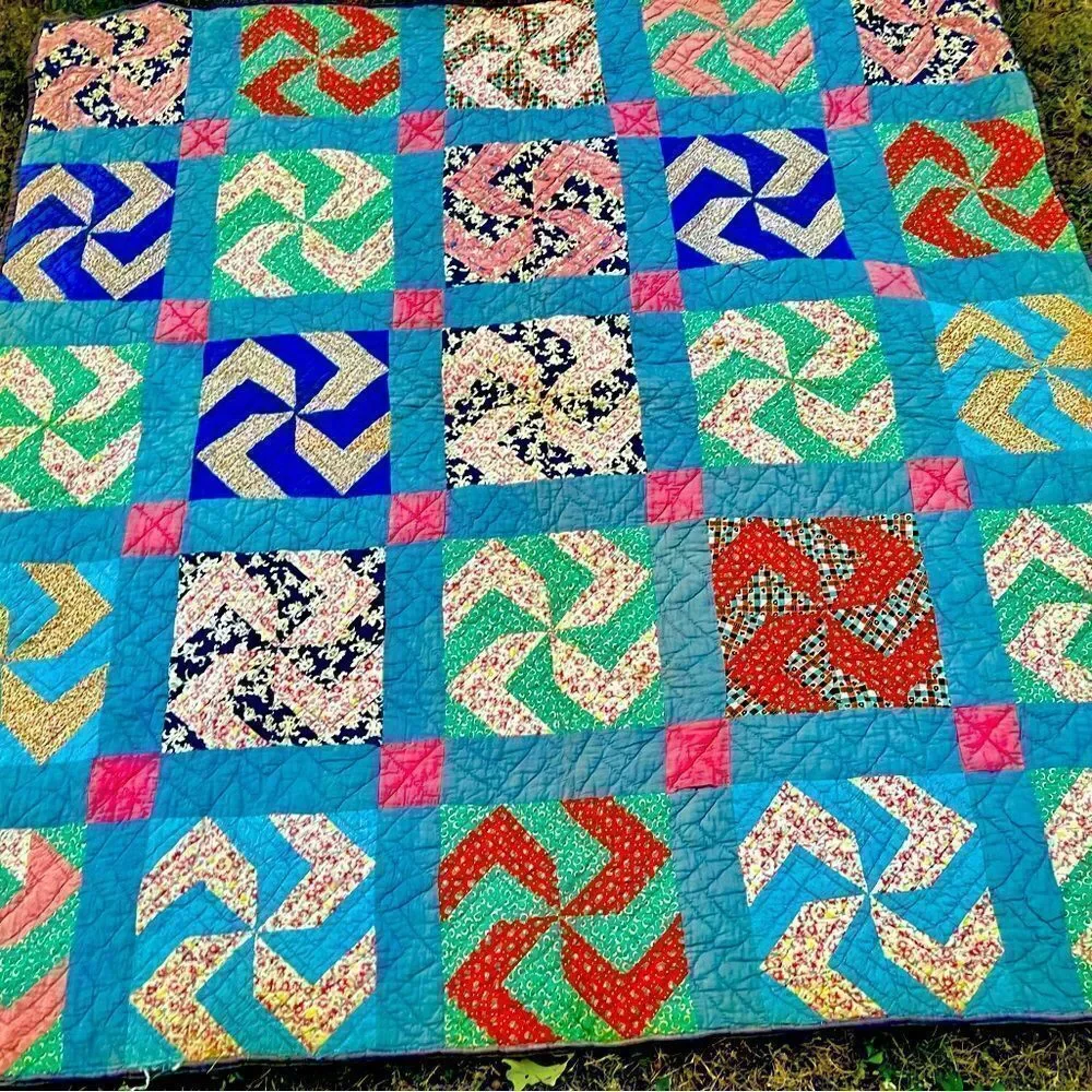 Vintage Hand Stitched Pinwheel Quilt  - 72” 1930’s-1940’s Folk Art Vibrant